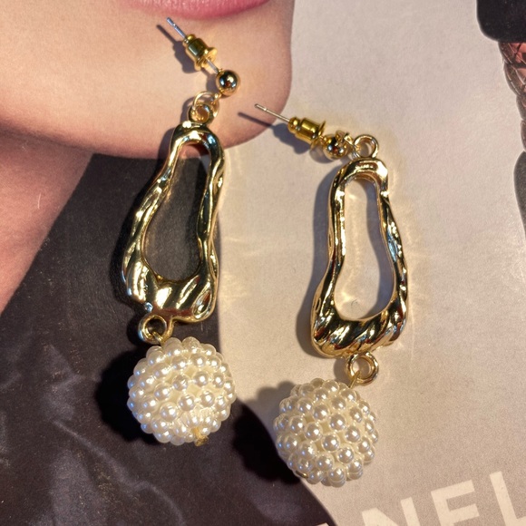 Gold Tone Faux Pearl Earrings - Picture 2 of 6